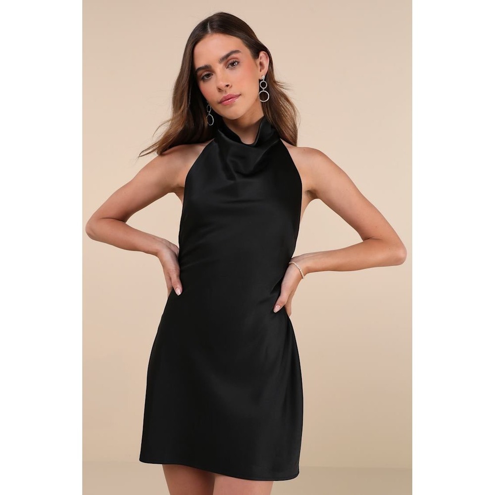 NWT Lulus Endeavor Black Satin Halter Mini Slip Dress Womens Large Backless LBD